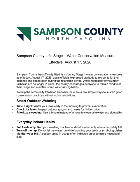 Sampson County Lifts Stage 1 Water Conservation Measures.png
